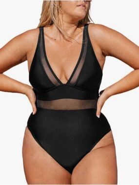 Cupshe Black Mesh Inset Plunge One-Piece Swimsuit